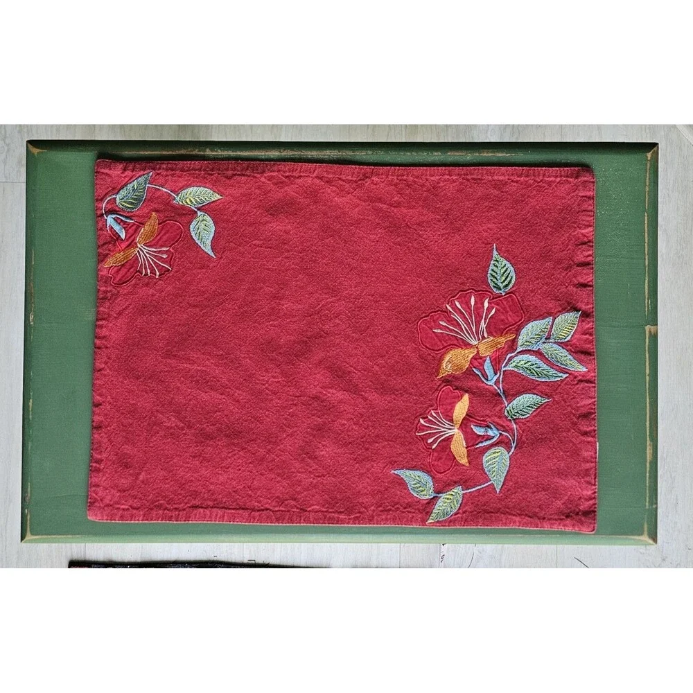 2 Placemats Bright Red Embroidered Floral Design 